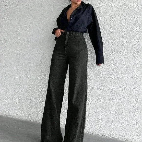 Black Casual Women's High Waist Wide Leg Jeans - Picture 4 of 4